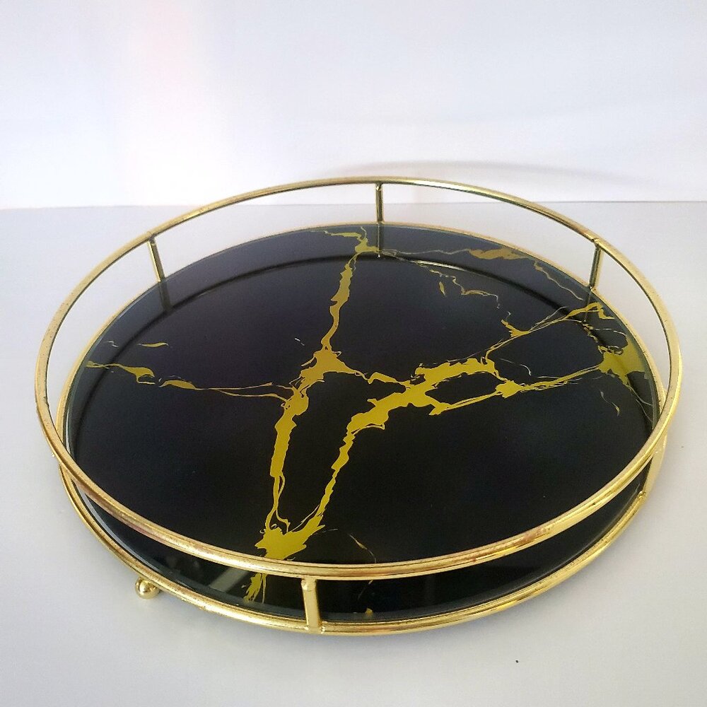 MCM Black & Gold Marble Glass Round Server Tray Jewellery Keeper Makeup Tray